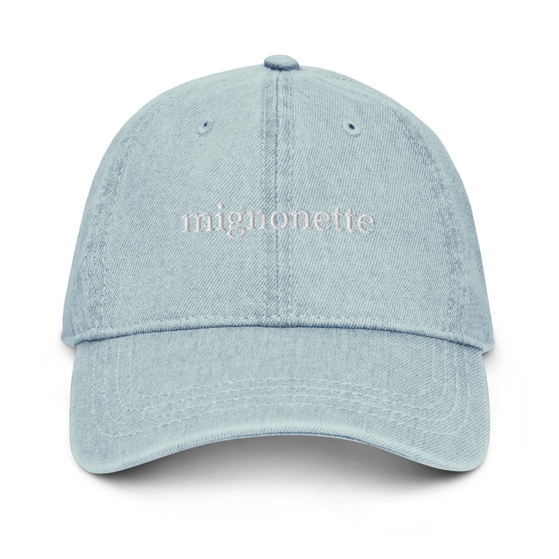 mignonette Denim Hat – Embroidered Lowercase Serif Oyster Garnish Aesthetic Cap