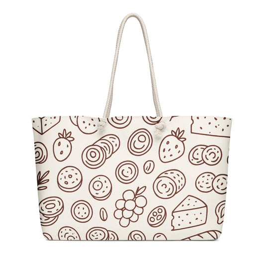 Charcuterie Weekender Bag – Oversized Foodie Travel Tote with Minimalist Doodle Meat and Cheese Pattern