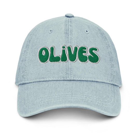 Olives Denim Hat – Groovy Bubble Font Embroidered Cap in Light, Blue, or Black Denim