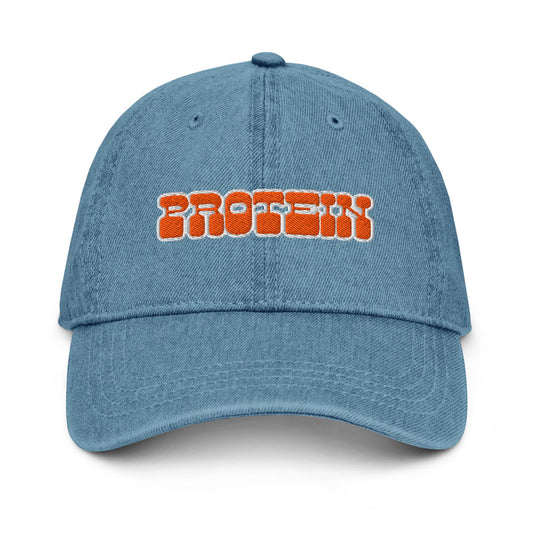 Protein Denim Hat – Groovy Bubble Letter Embroidered Cap in Light, Blue, or Black Denim