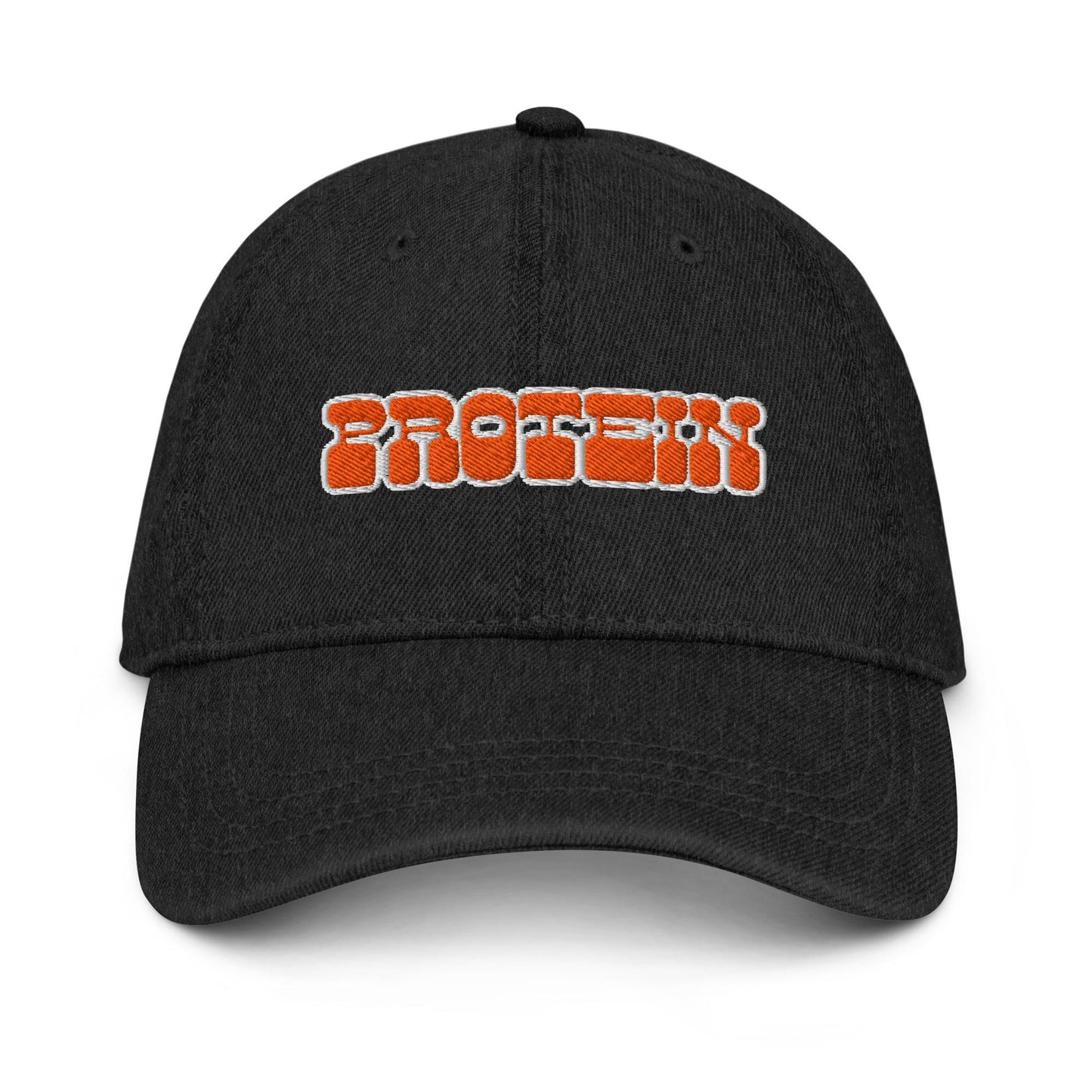 Protein Denim Hat – Groovy Bubble Letter Embroidered Cap in Light, Blue, or Black Denim