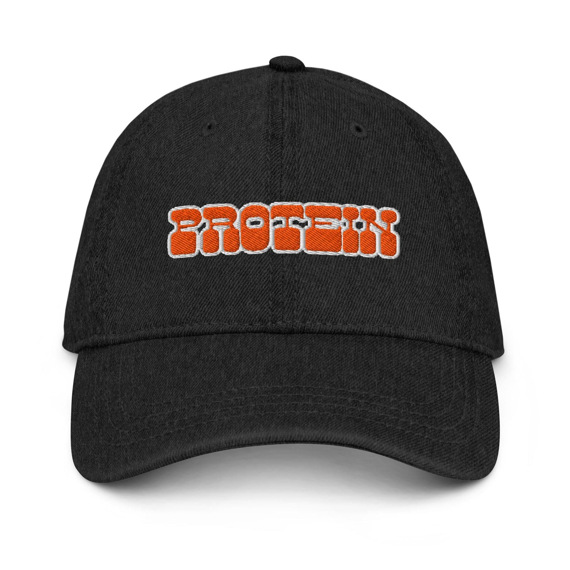 Protein Denim Hat – Groovy Bubble Letter Embroidered Cap in Light, Blue, or Black Denim