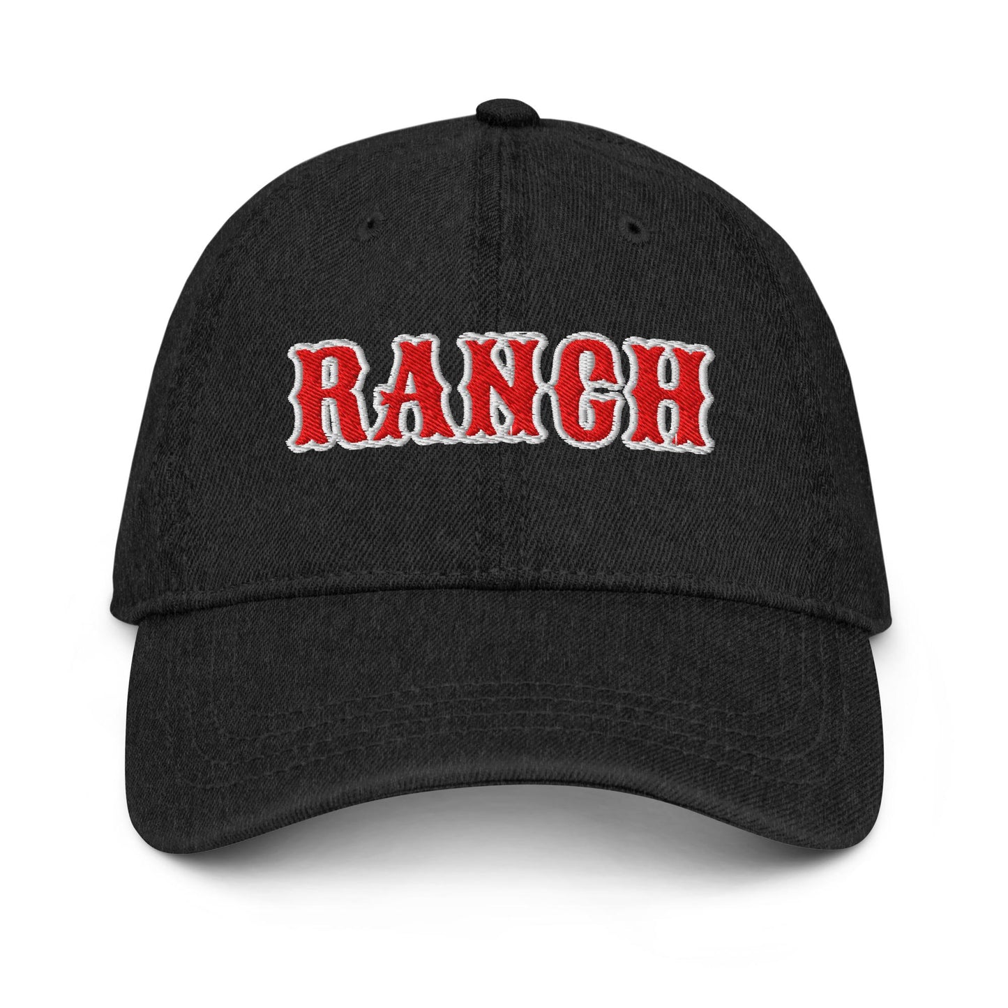 Ranch Denim Hat – Groovy Bubble Font Embroidered Otto Cap in Light, Blue, or Black Denim