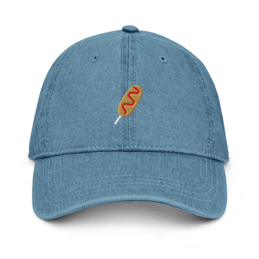 Corndog Embroidered Denim Hat – Minimal Food Icon Dad Cap, Funny Fair Snack Aesthetic Hat