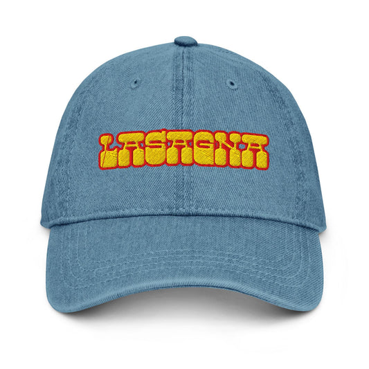 Lasagna Denim Hat – Groovy Bubble Font Embroidered Otto Cap in Light, Blue, or Black Denim