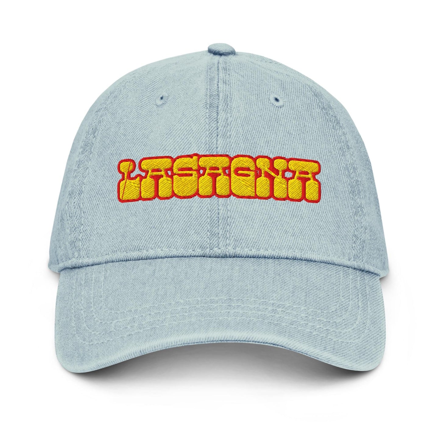 Lasagna Denim Hat – Groovy Bubble Font Embroidered Otto Cap in Light, Blue, or Black Denim