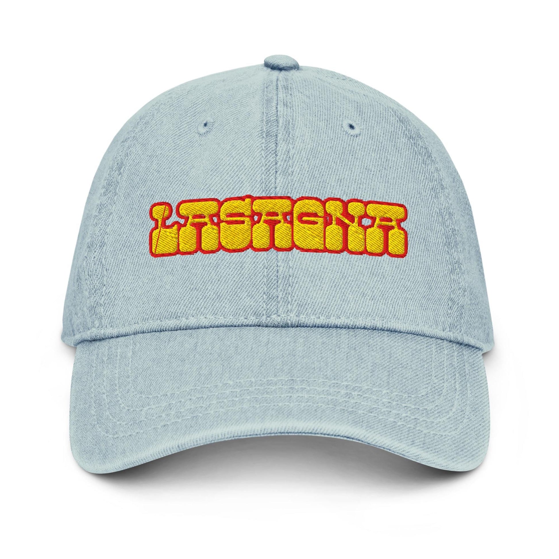 Lasagna Denim Hat – Groovy Bubble Font Embroidered Otto Cap in Light, Blue, or Black Denim