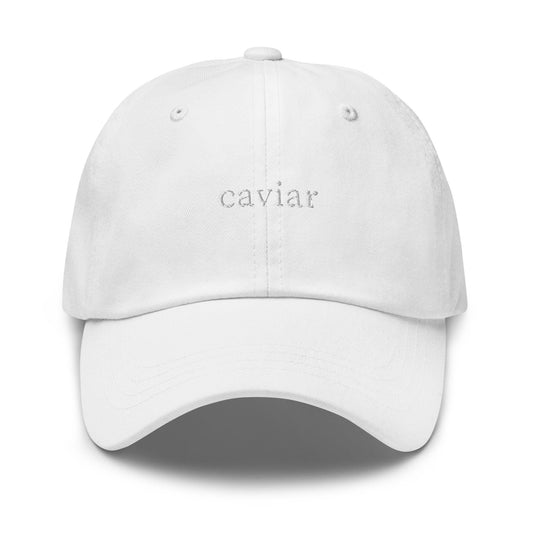 caviar – Embroidered Dad Hat in White Serif, Minimalist Bougie-Core Aesthetic Cap