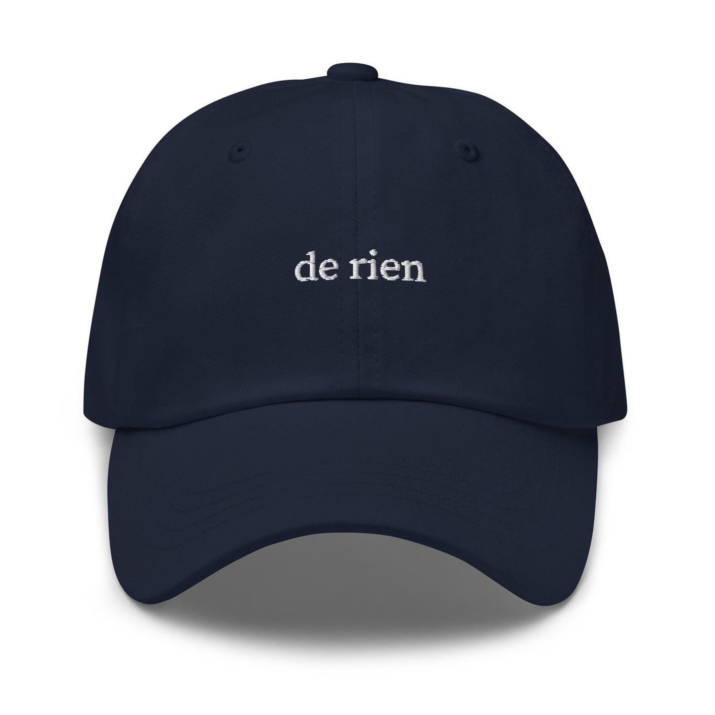 de rien – Embroidered Dad Hat in White Serif, Minimalist French Phrase Aesthetic