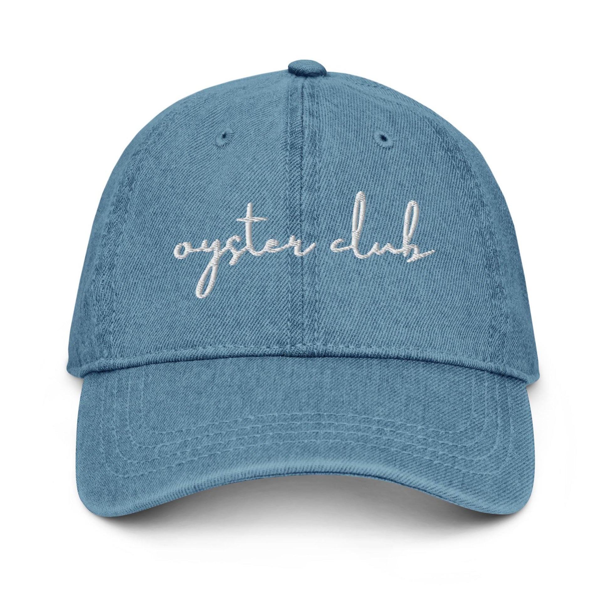 Oyster Club Denim Hat – Cursive Embroidered Dad Hat for Chic Coastal Girls and Foodies