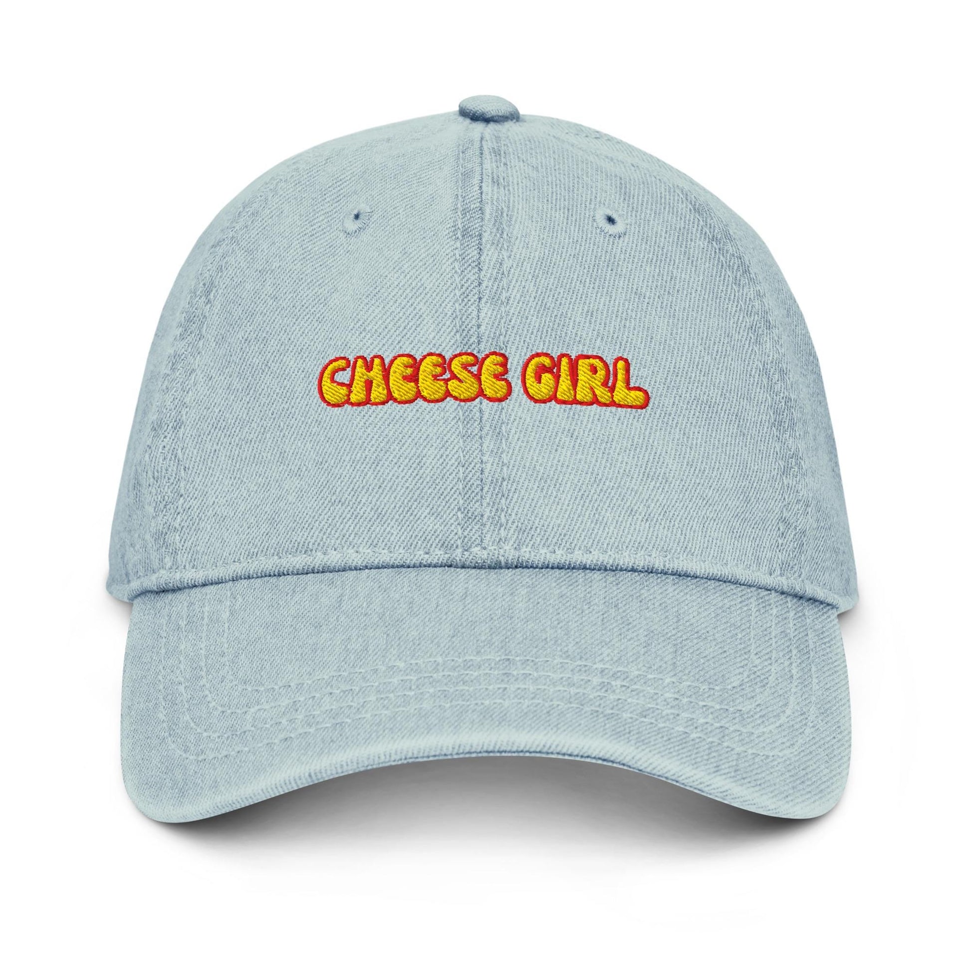 Cheese Girl Denim Hat – Embroidered Bubble Font Cap for Foodie Summer and Dairy Devotees