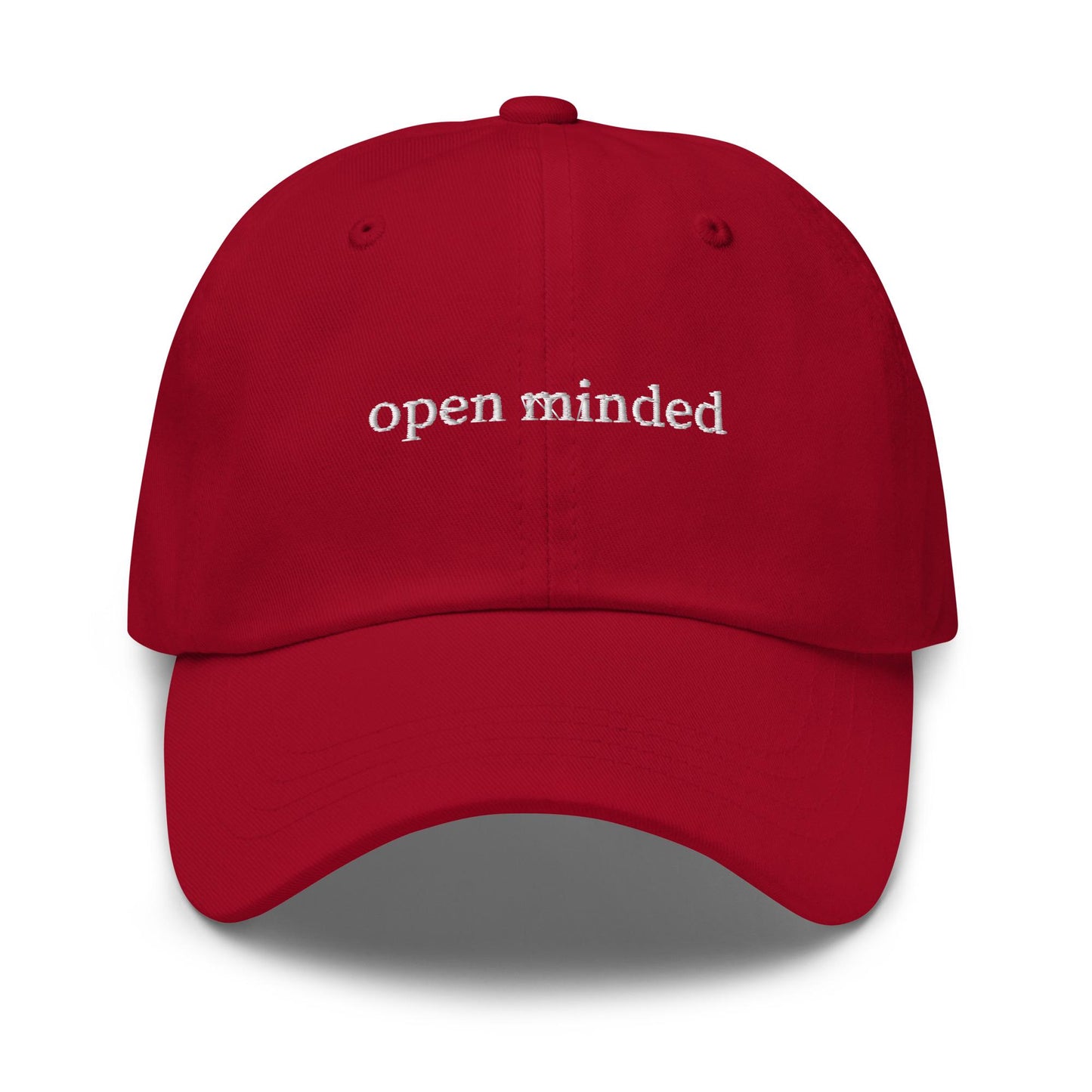 open minded – Embroidered Dad Hat in White Serif, Meme-Adjacent Minimalist Cap for Curious Minds
