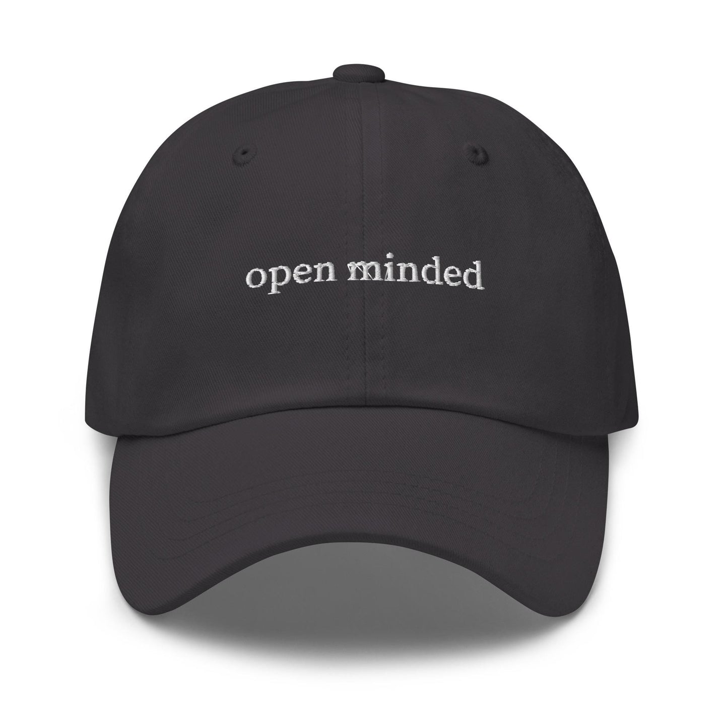 open minded – Embroidered Dad Hat in White Serif, Meme-Adjacent Minimalist Cap for Curious Minds