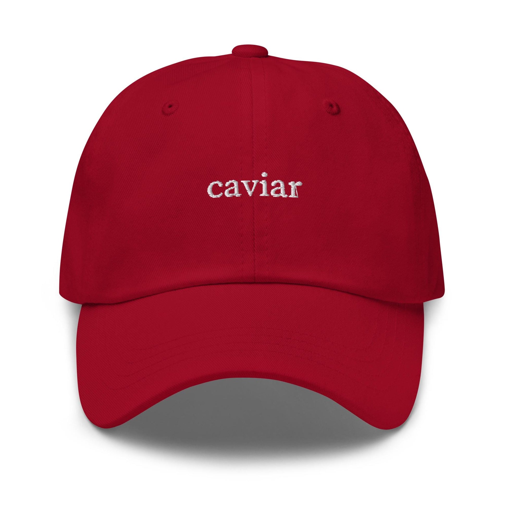 caviar – Embroidered Dad Hat in White Serif, Minimalist Bougie-Core Aesthetic Cap