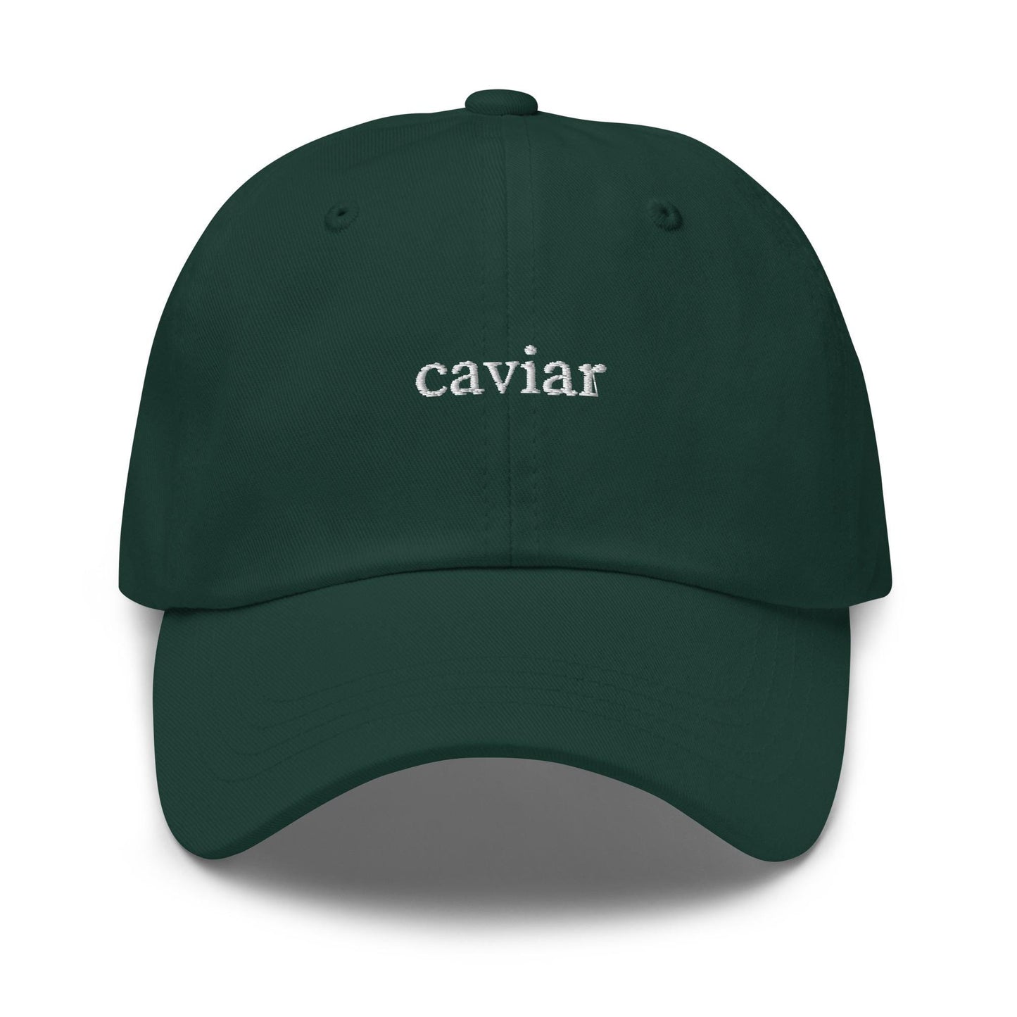 caviar – Embroidered Dad Hat in White Serif, Minimalist Bougie-Core Aesthetic Cap
