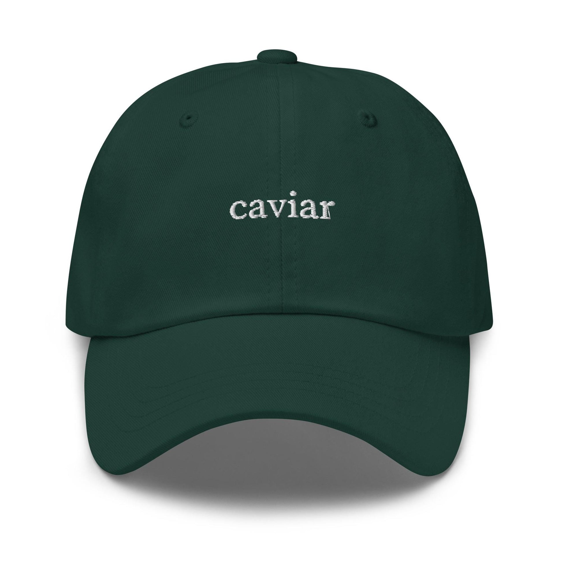 caviar – Embroidered Dad Hat in White Serif, Minimalist Bougie-Core Aesthetic Cap