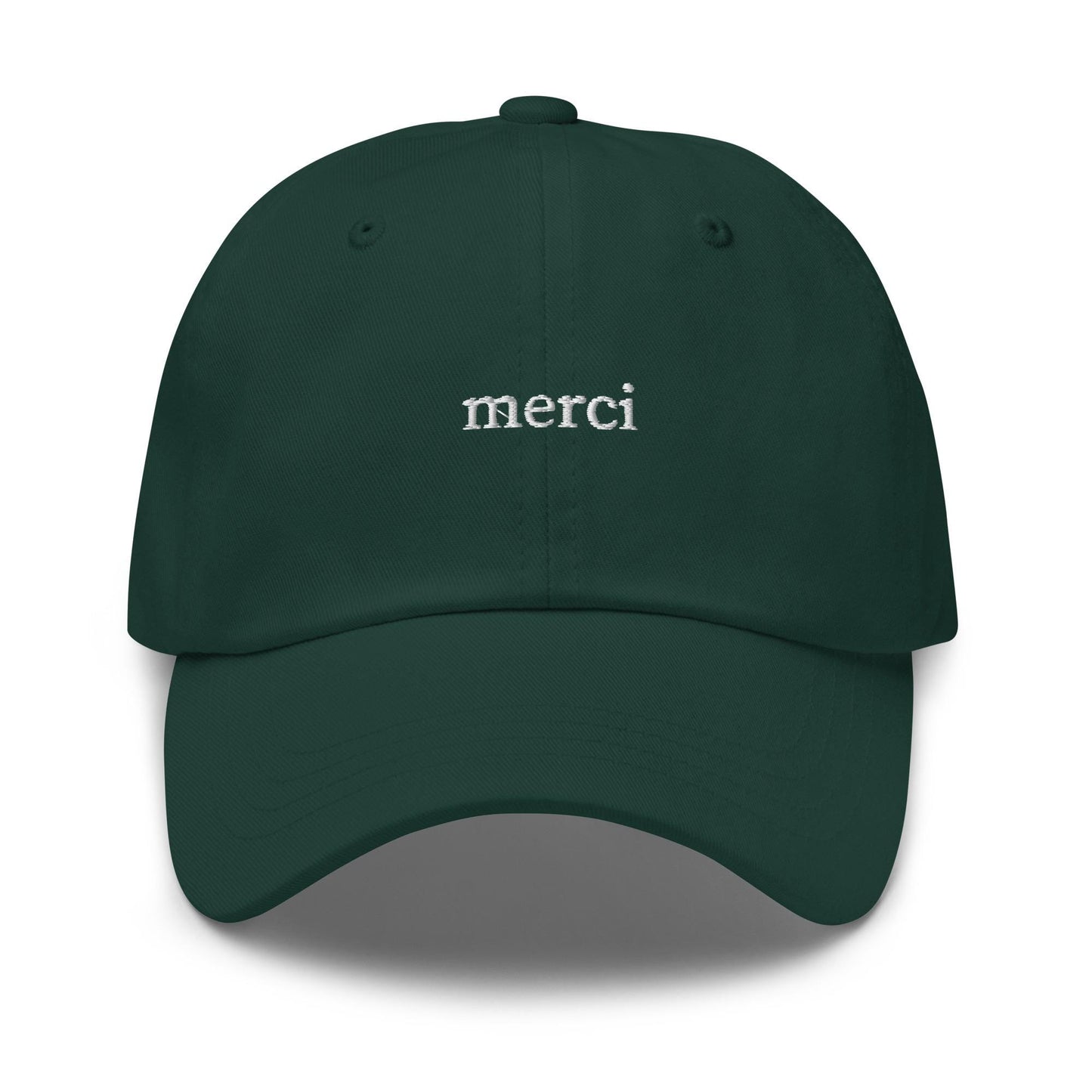 merci – Embroidered Dad Hat in White Serif, Minimalist French-Core Aesthetic Cap