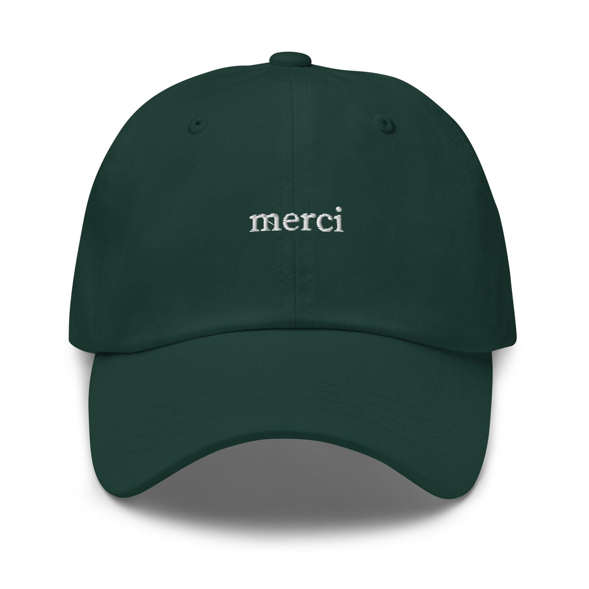 merci – Embroidered Dad Hat in White Serif, Minimalist French-Core Aesthetic Cap