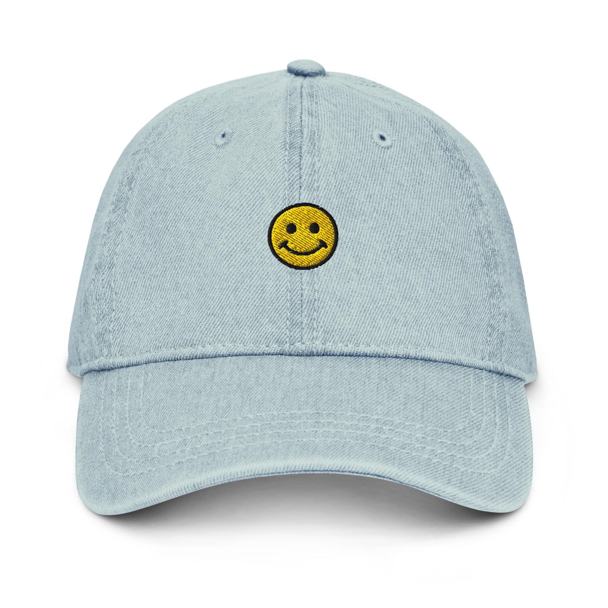 Smiley Face Denim Hat – Embroidered Denim Dad Hat, Minimalist Happy Face Cap, Custom Thread Colors