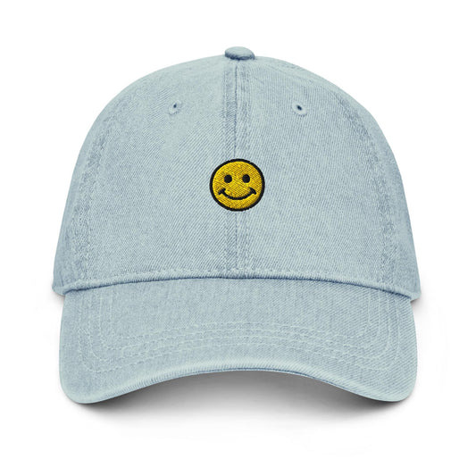 Smiley Face Denim Hat – Embroidered Denim Dad Hat, Minimalist Happy Face Cap, Custom Thread Colors