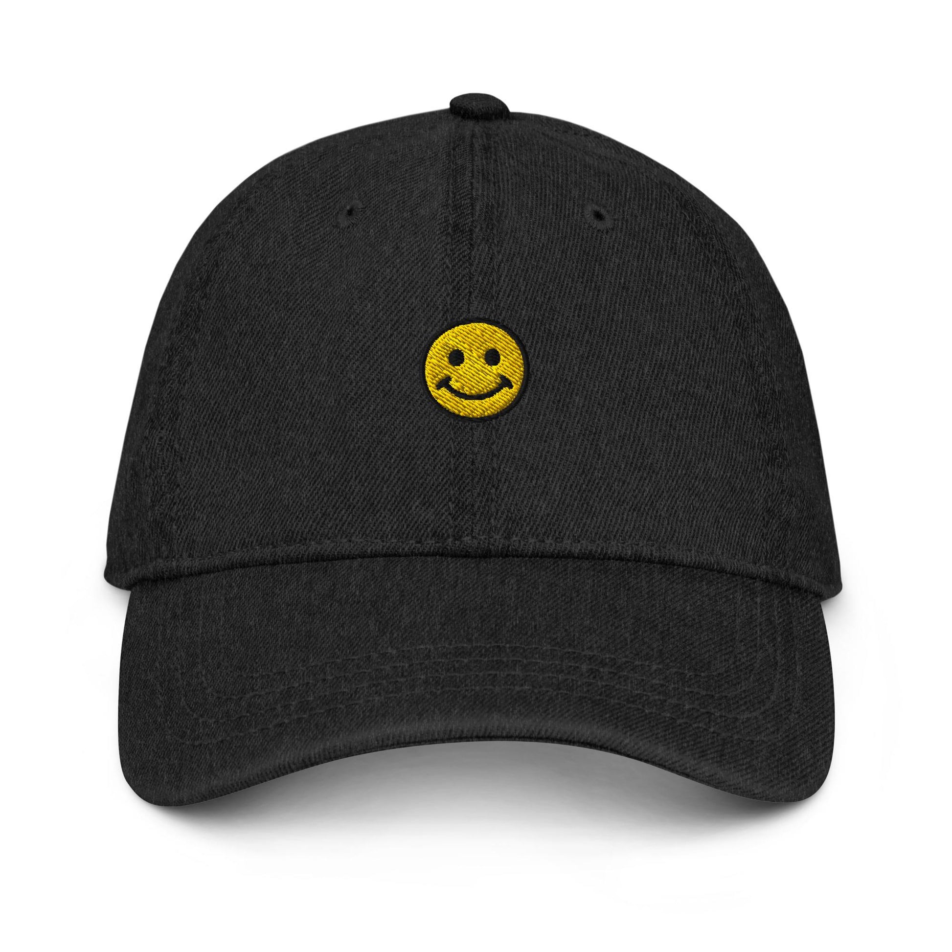 Smiley Face Denim Hat – Embroidered Denim Dad Hat, Minimalist Happy Face Cap, Custom Thread Colors