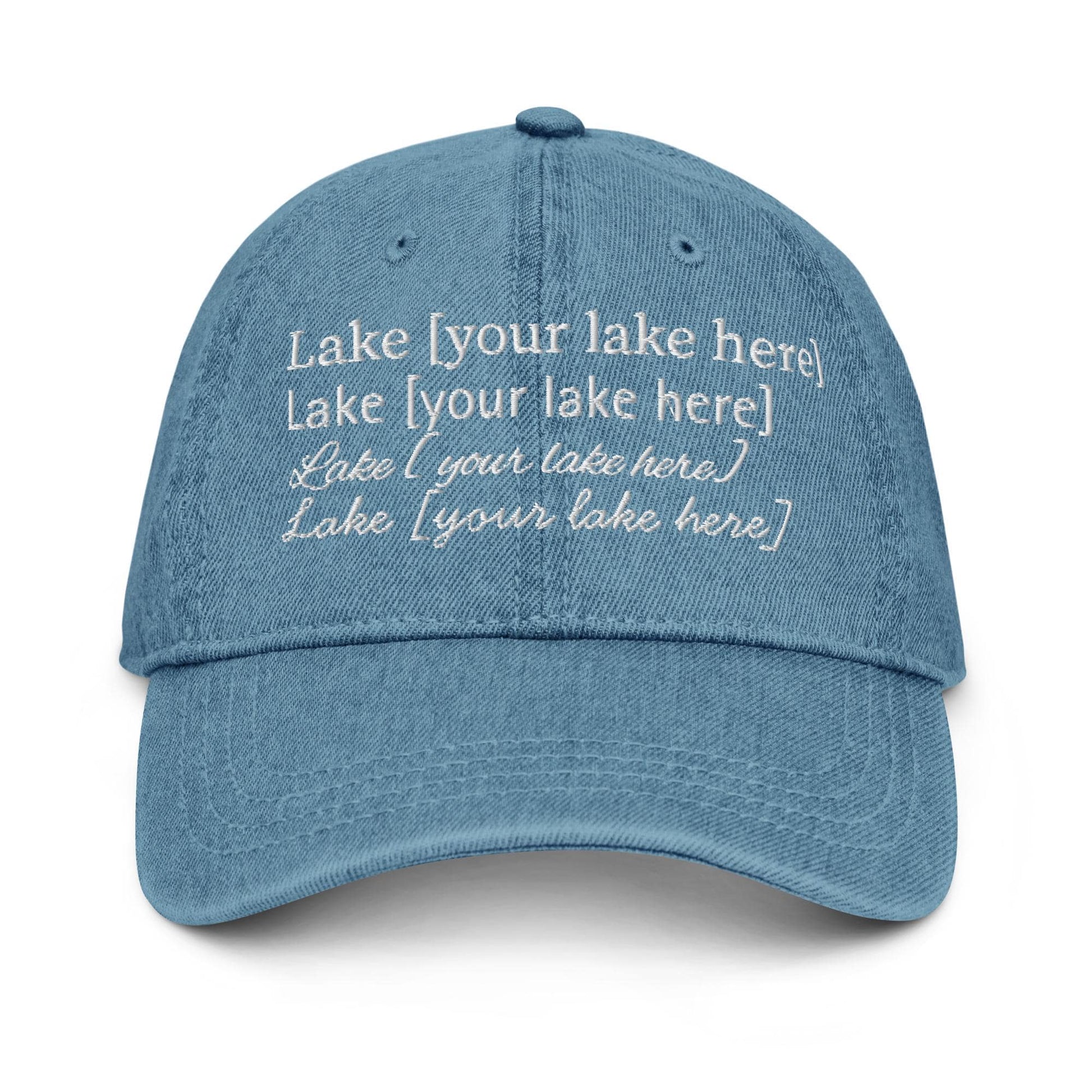 Custom Lake Denim Hat – Personalized Lake Name Dad Cap for Cottages, Cabins, Lake Houses & Camps