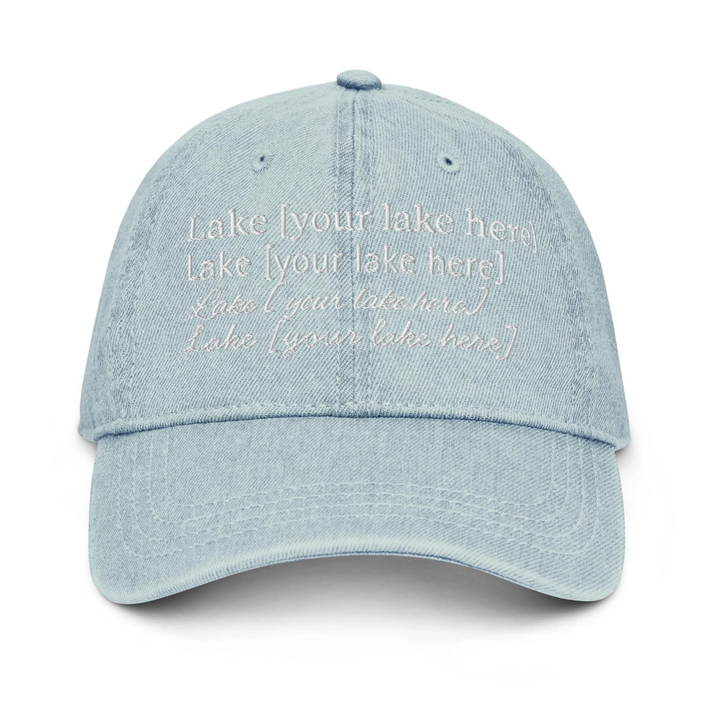 Custom Lake Denim Hat – Personalized Lake Name Dad Cap for Cottages, Cabins, Lake Houses & Camps