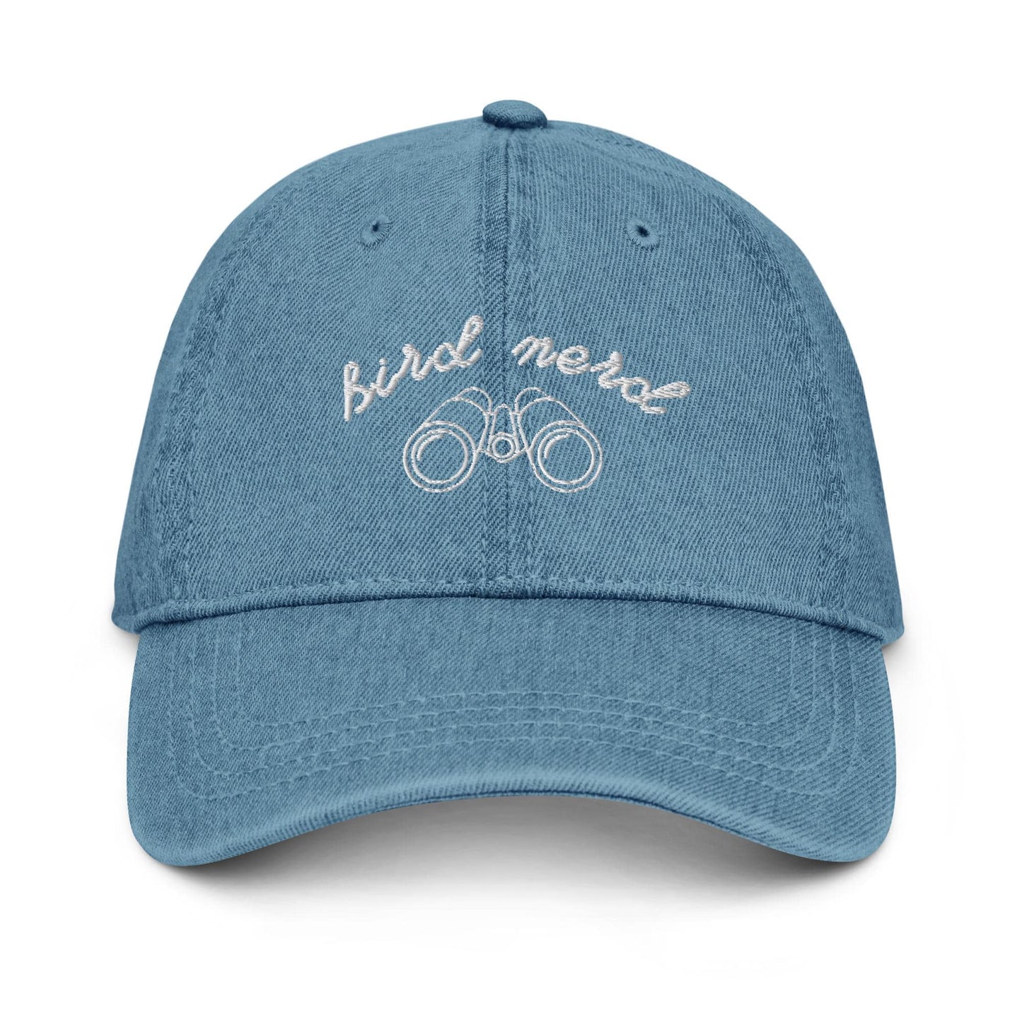 Bird Nerd Denim Hat – Embroidered Dad Cap with Binoculars Icon and Handwritten Script
