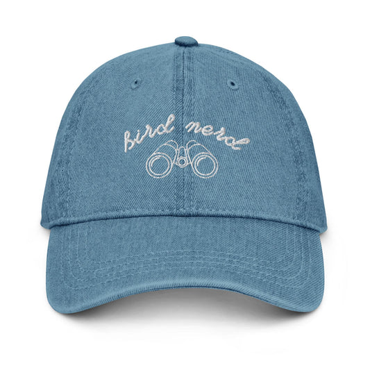 Bird Nerd Denim Hat – Embroidered Dad Cap with Binoculars Icon and Handwritten Script