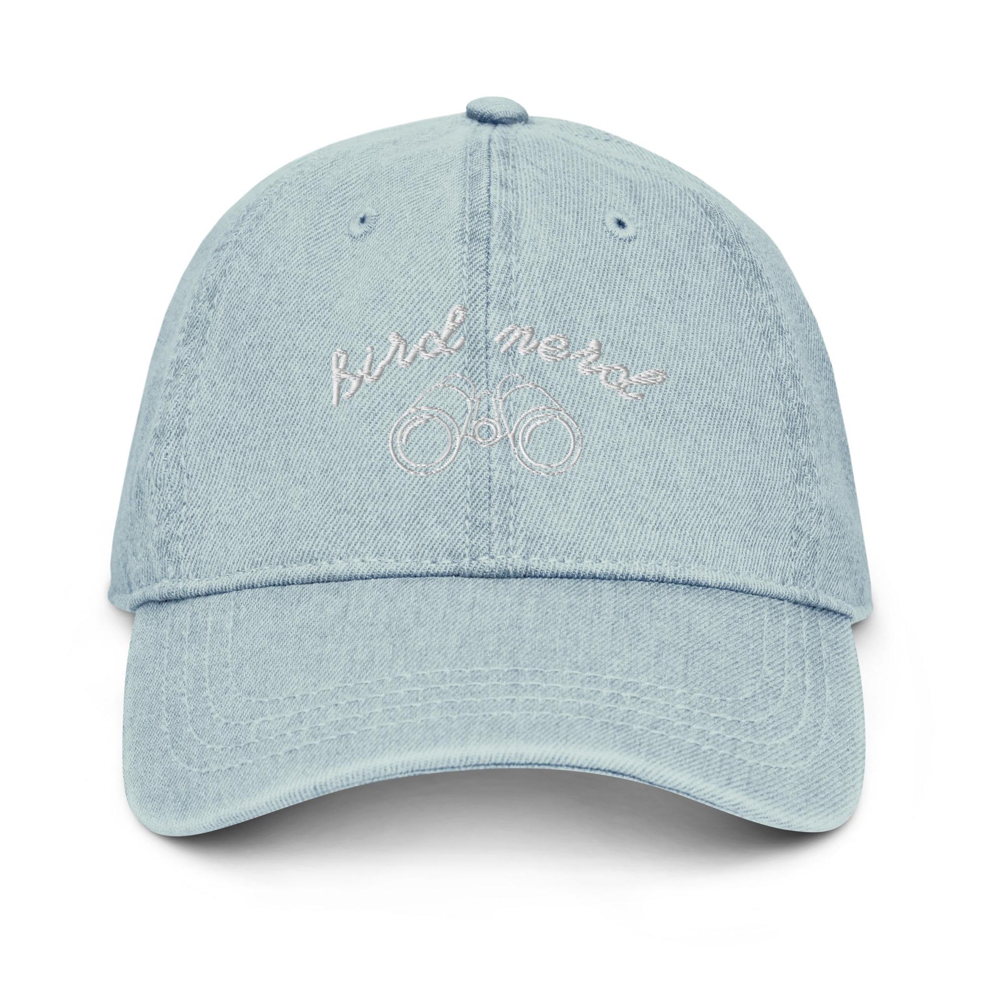 Bird Nerd Denim Hat – Embroidered Dad Cap with Binoculars Icon and Handwritten Script