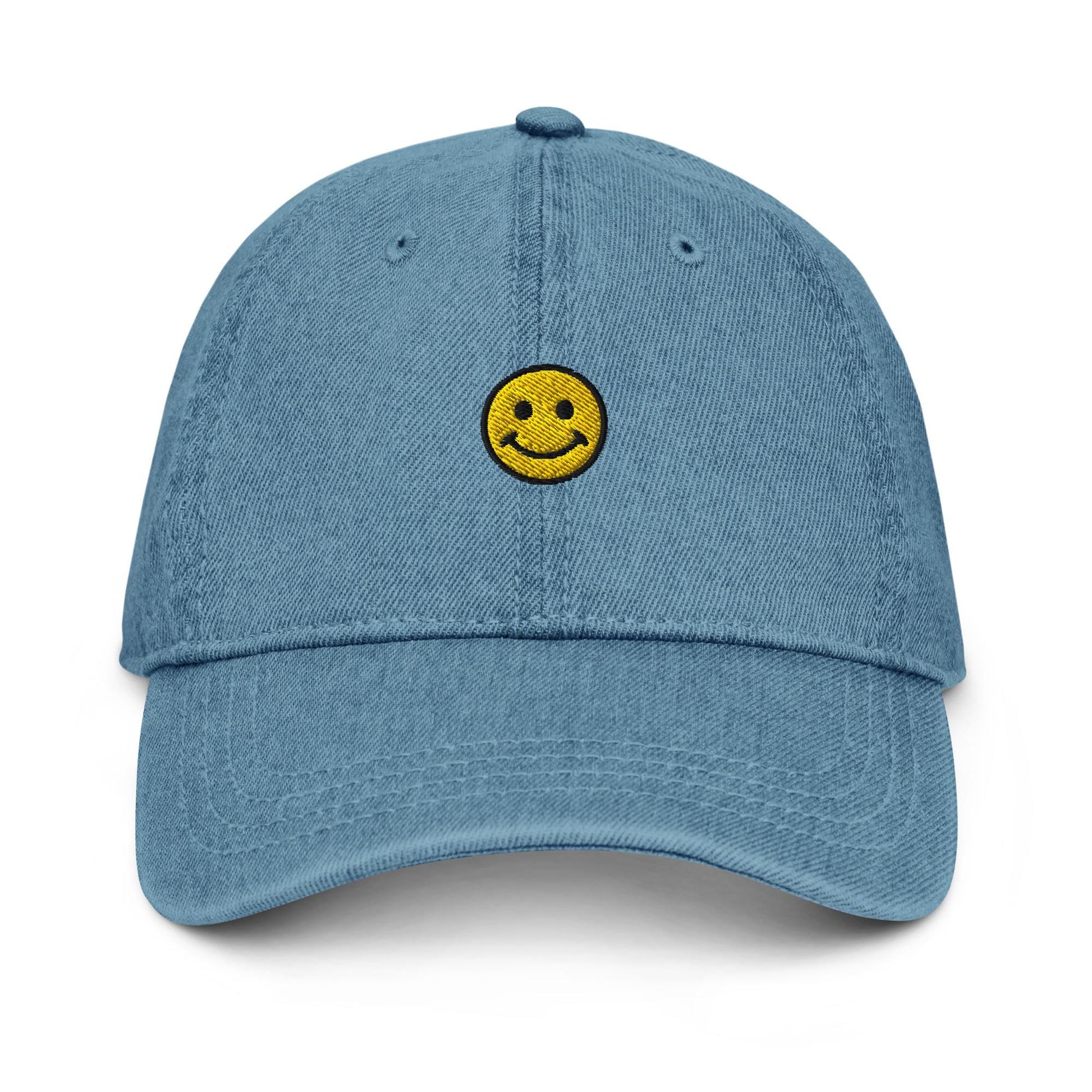 Smiley Face Denim Hat – Embroidered Denim Dad Hat, Minimalist Happy Face Cap, Custom Thread Colors