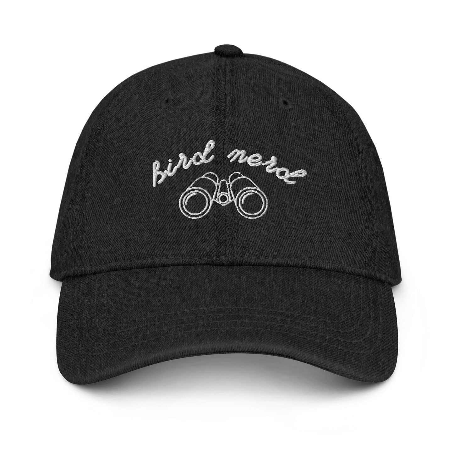 Bird Nerd Denim Hat – Embroidered Dad Cap with Binoculars Icon and Handwritten Script