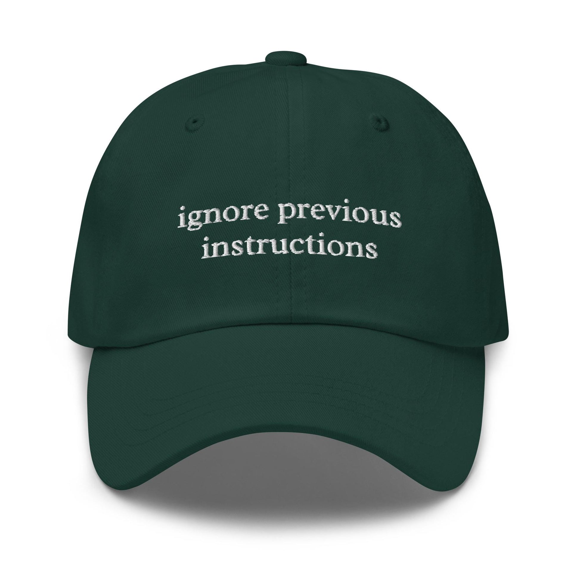 Ignore Previous Instructions – Embroidered Dad Hat for AI Engineer, Prompt Injection Humor, LLM Cotton Cap