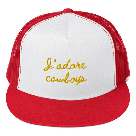 I love Cowboys Trucker Hat - French Translation - J'adore Cowboys - Embroidered Custom Mesh Trucker Cap - Evilwater Originals