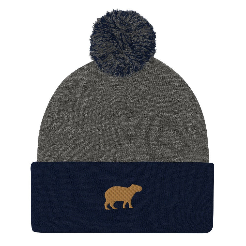 Capybara Beanie - Embroidered Pom-Pom Knit Cap