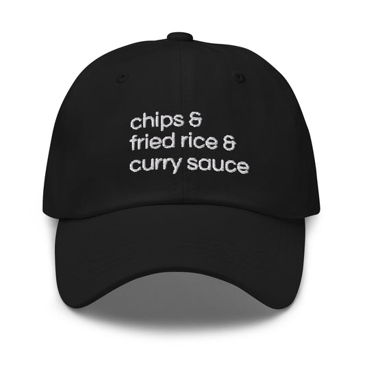 UK Chinese Takeaway Hat - Chips and Fried Rice and Curry Sauce - Spice Bag Fan Gift - Cotton Embroidered Dad Cap - Multiple Colors